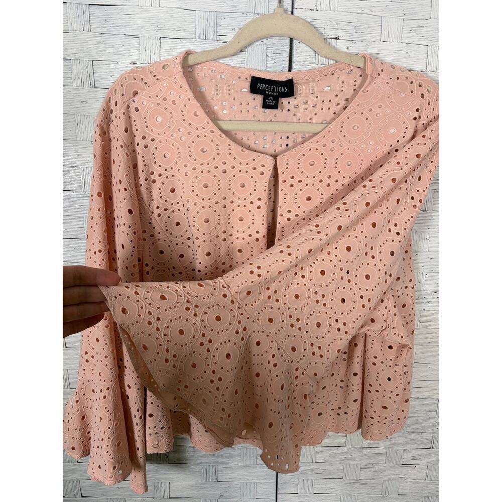Perception womens cardigan eyelet bell sleeve feminine peach coquette plus sz